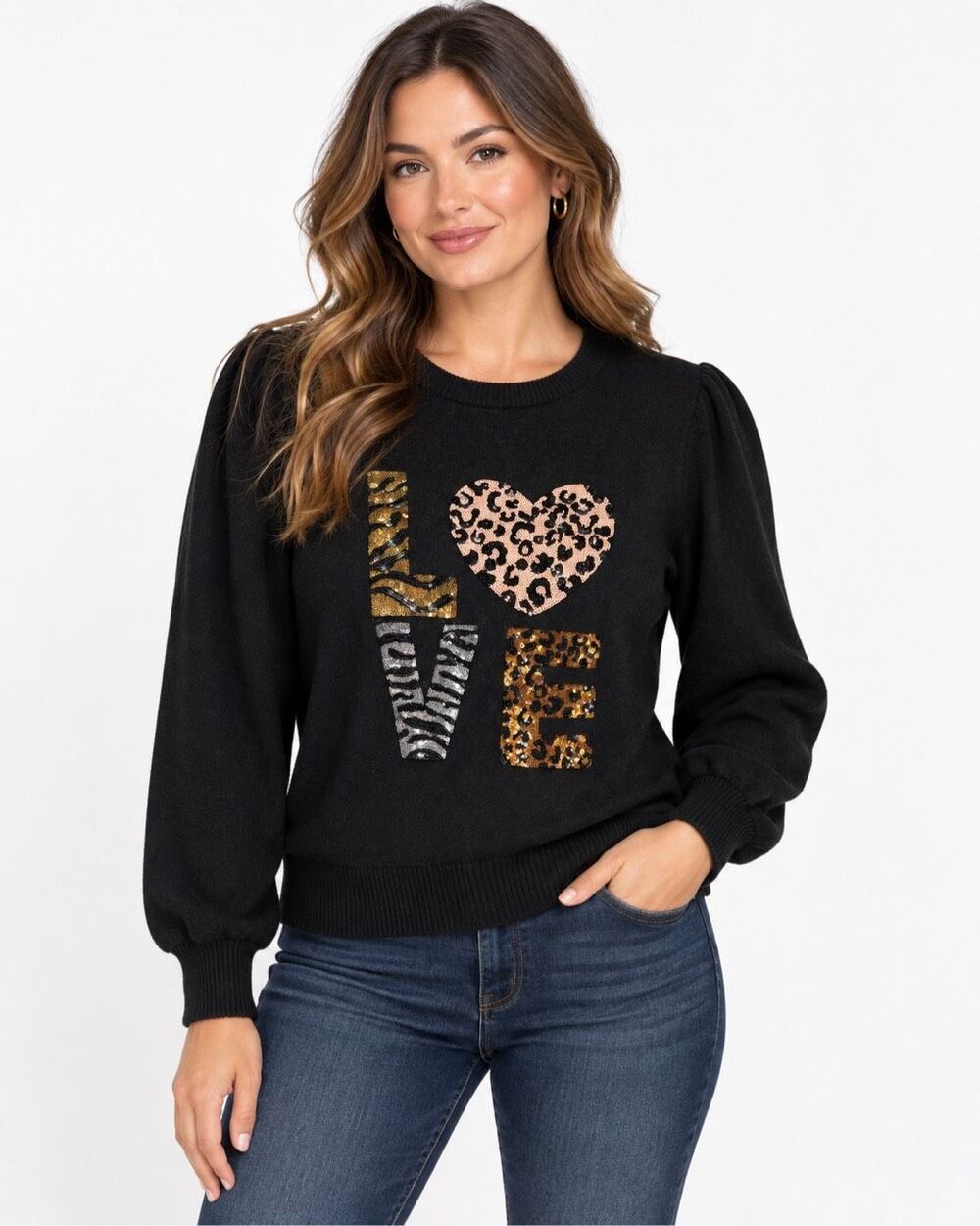 Love + Luxe Women’s Black Sequin Animal Print LOVE Graphic Sweater Large